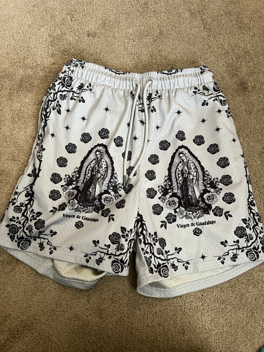 White & Black Virgen de Guadalupe Graphic Athletic Shorts for Men